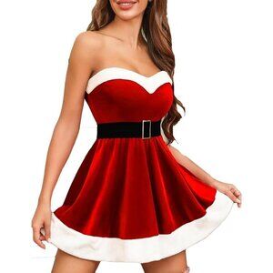 Women Red Santa Dress Christmas Outfit Christmas Lingerie Strapless Baby doll